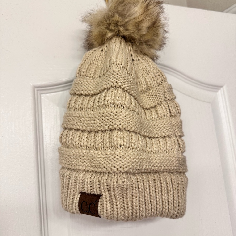 C.C Tan Knit Beanie with Faux Fur Pom
